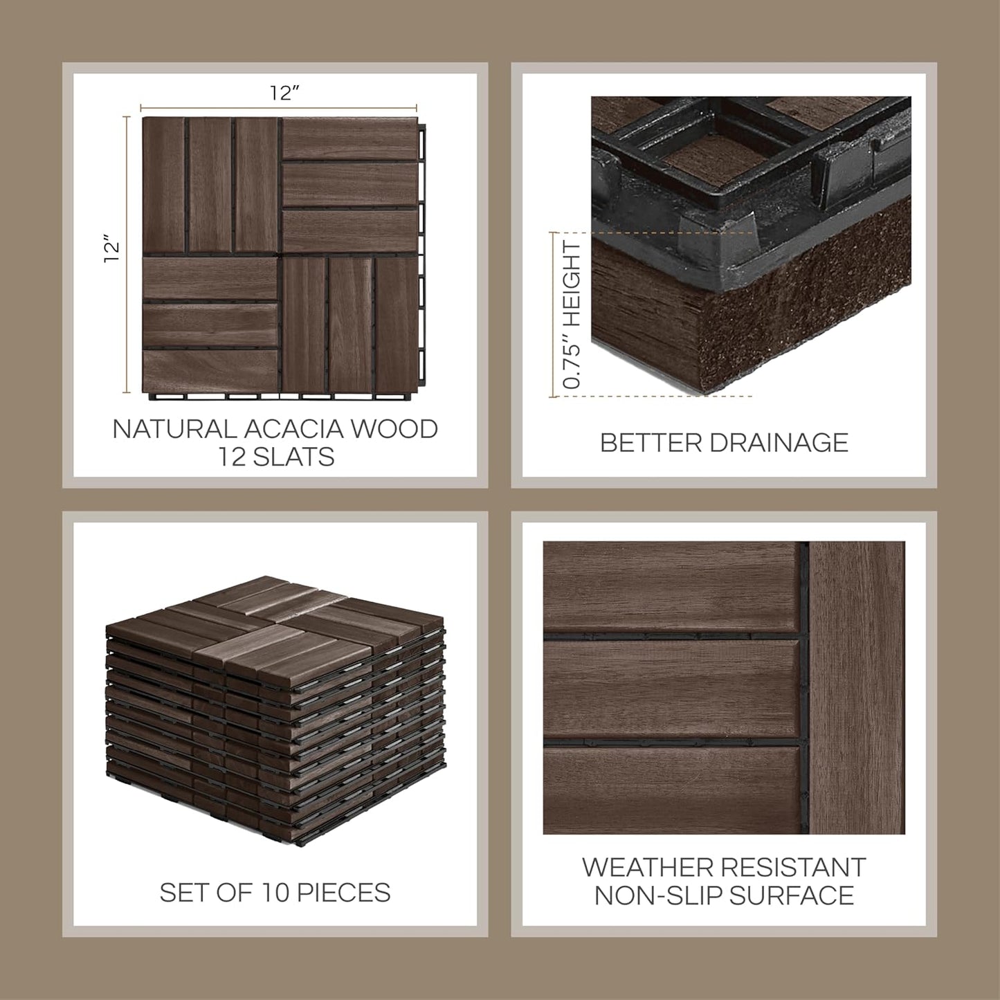 Outdoor Waterproof Acacia Wood Deck Tiles - 10 Pcs Patio Flooring for All Weather Use