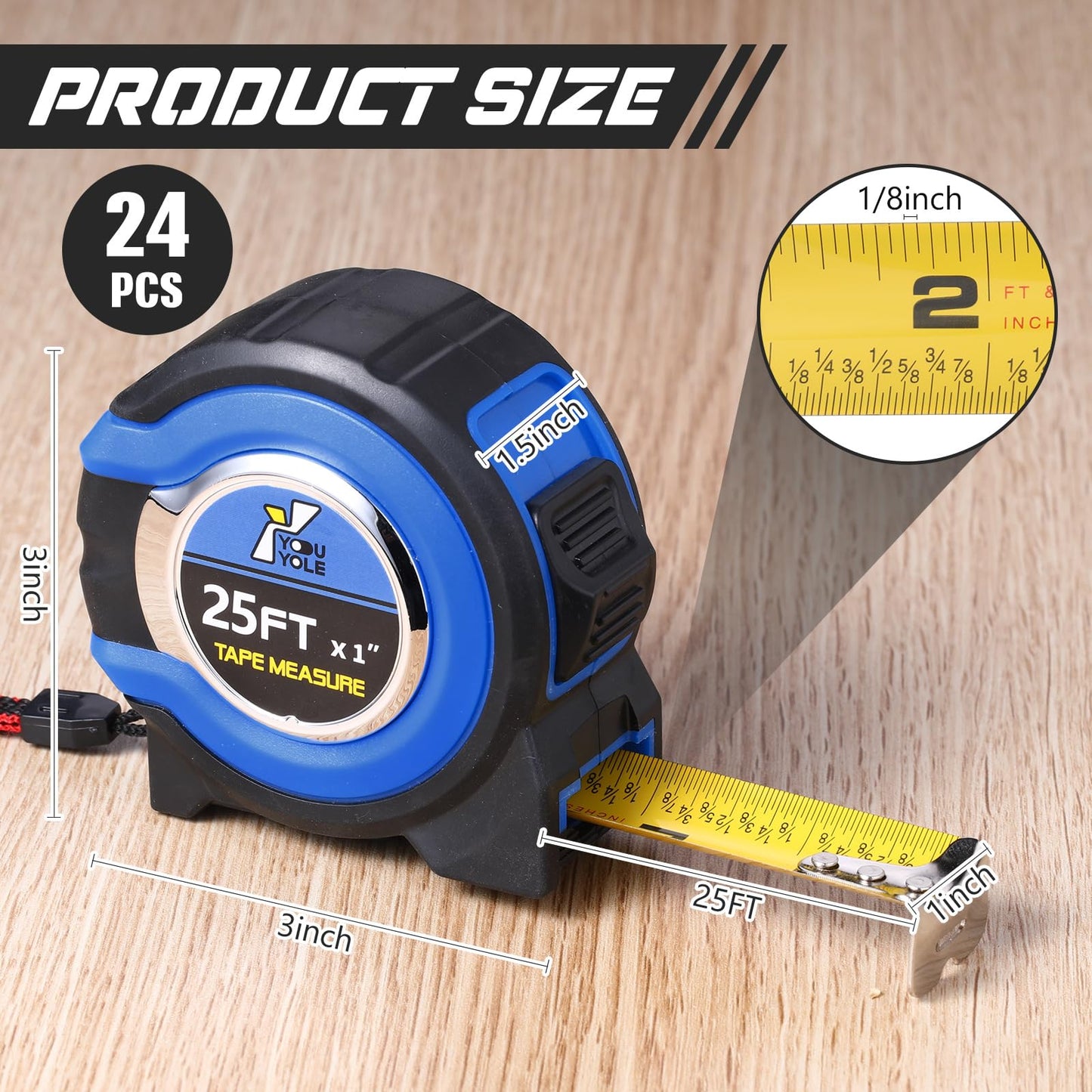 Youyole 24 Pack Tape Measure with Fractions 1/8 Steel Measuring Tape Retractable Easy Read Measurement Ruler Steel Power Blade (25 ft X 1 in,Blue)