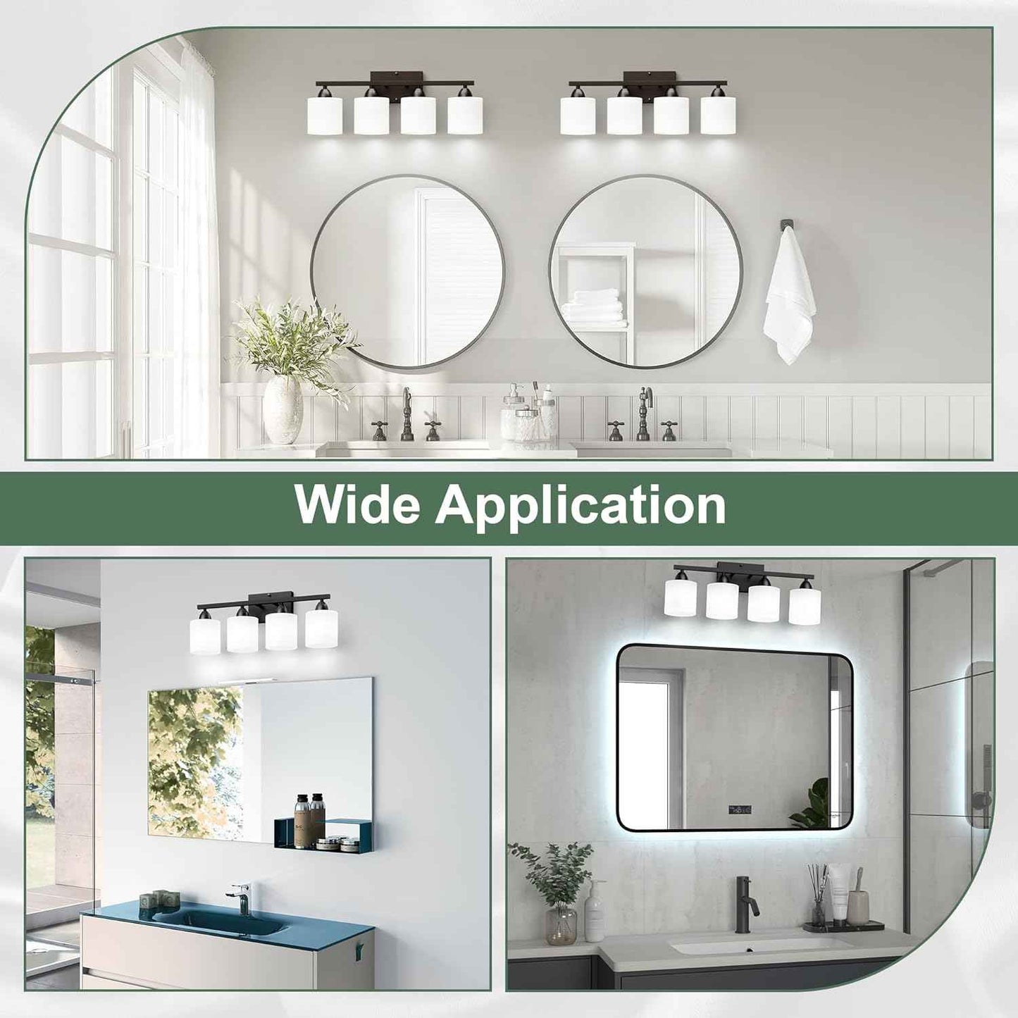 Modern 4-Light Bathroom Vanity Light Fixture - Anti-Rust Over Mirror Sconce with Milky White Glass Shades, E26 Base