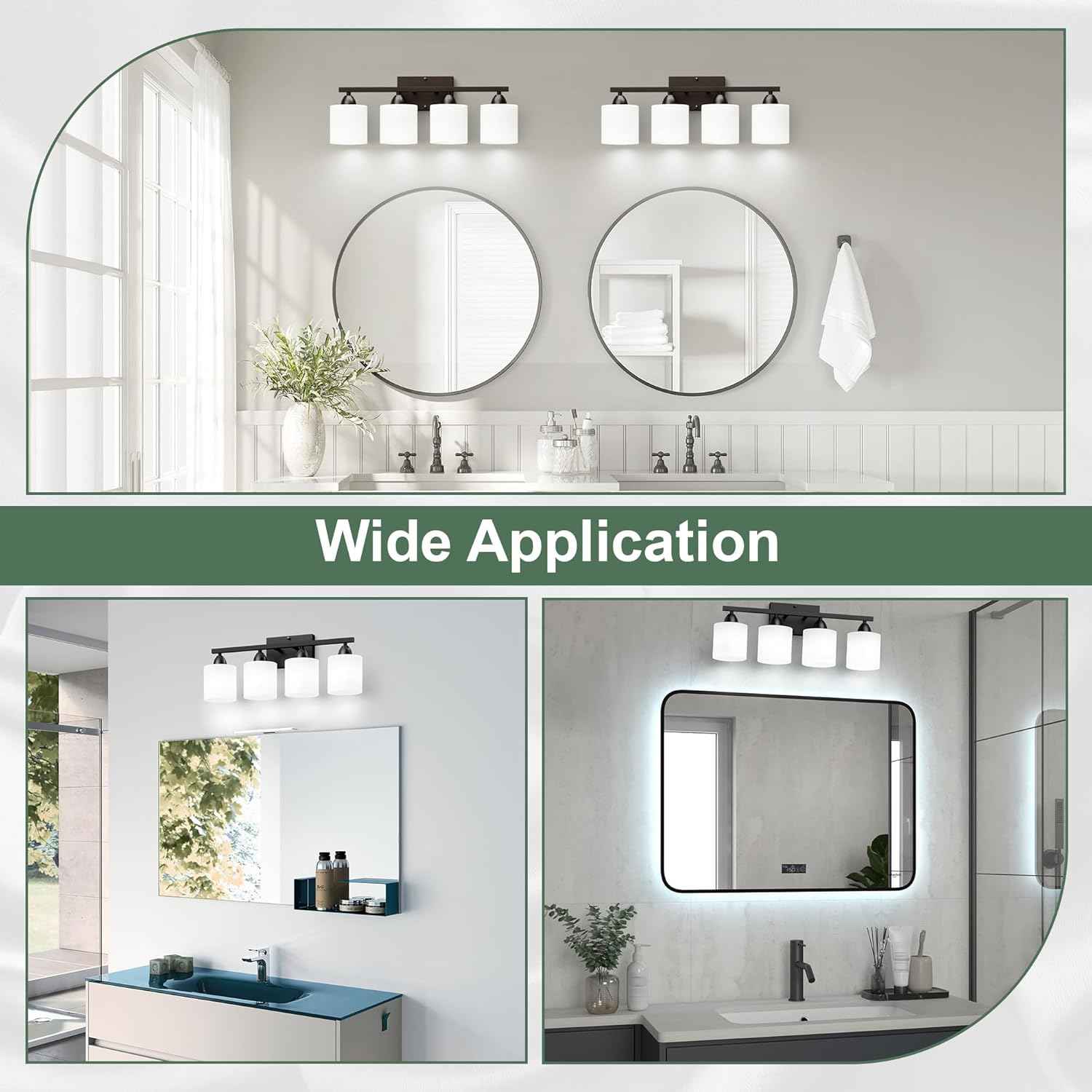 Modern 4-Light Bathroom Vanity Light Fixture - Anti-Rust Over Mirror Sconce with Milky White Glass Shades, E26 Base