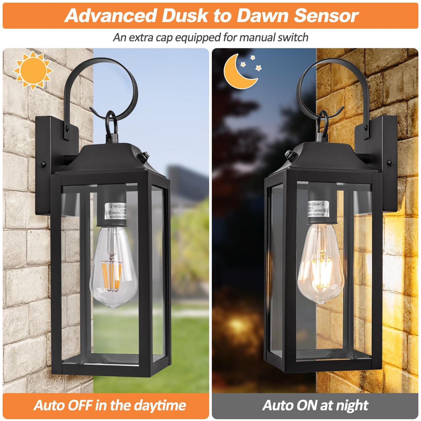 Yolsunes Dusk to Dawn Wall Lights 2 Pack, Black Outdoor Light Fixtures Wall Mount, 15 Inch Exterior Wall Sconces Waterproof, Large Outside Lights for House, Modern Wall Lanterns Clear Glass