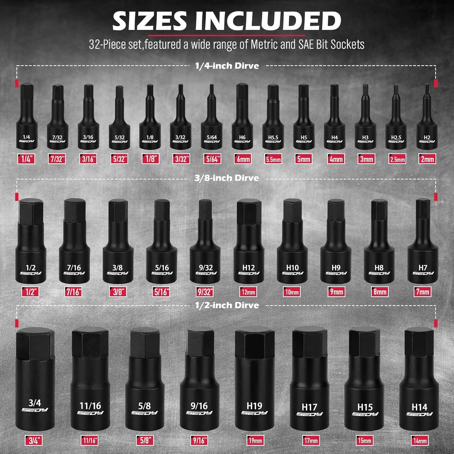 36-Piece Hex Bit Impact Socket Set with Adapters - SAE & Metric, Heavy Duty Storage Case