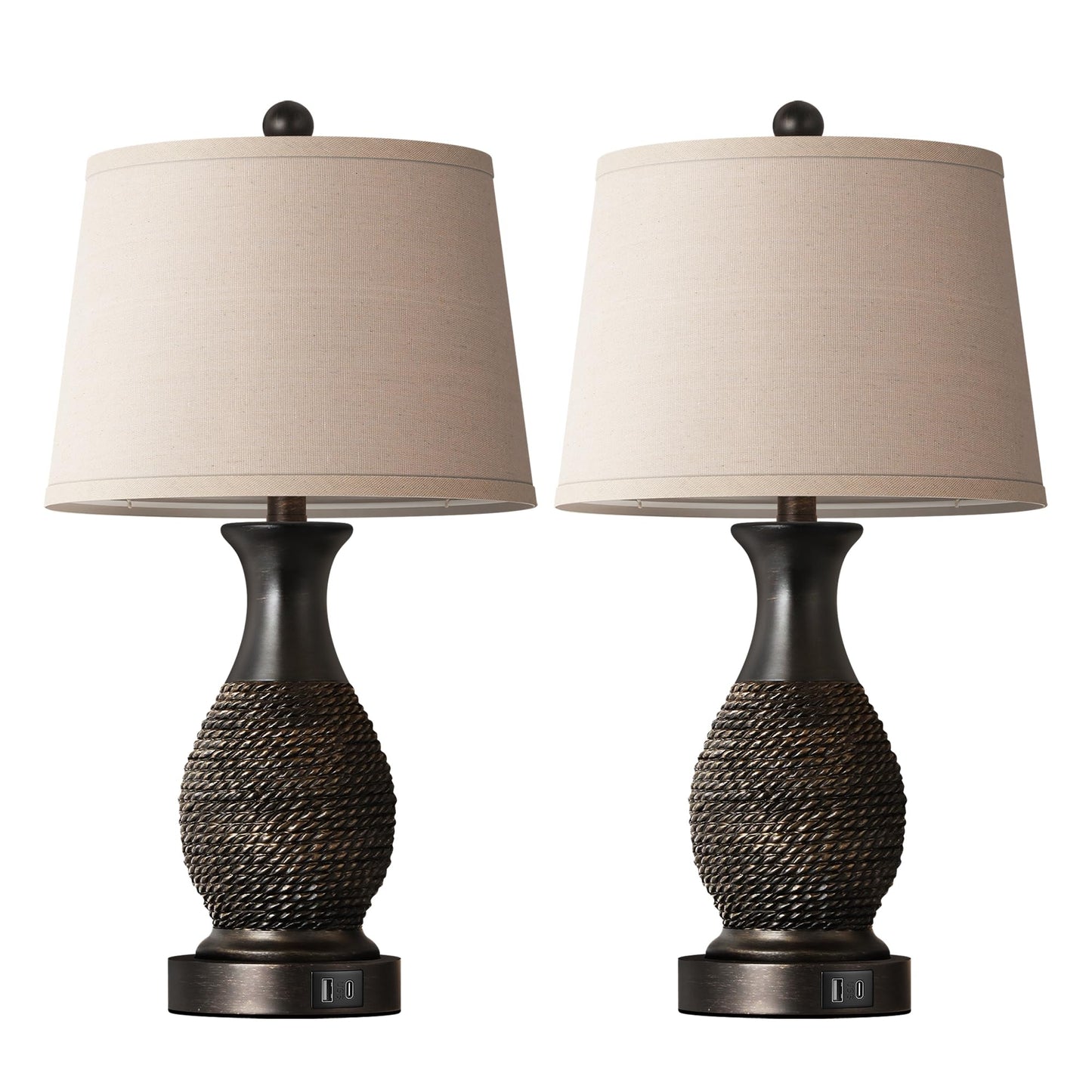 PARTPHONER Table Lamps Set of 2, Bedside Touch Lamp with USB C+A Charging Ports, Side Table Lamp with Linen Fabric Shade (LED Bulbs Included), Black with Gold Accents