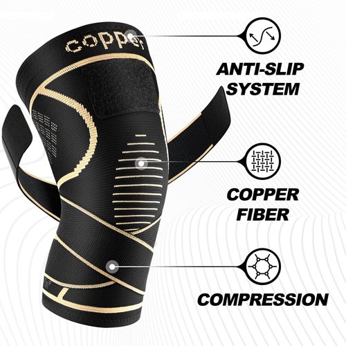 JHVW Copper Knee Brace for Women Men 2-Pack, Knee Compression Sleeve with Straps, Knee Braces for Knee Pain, Knee Support for Running Working