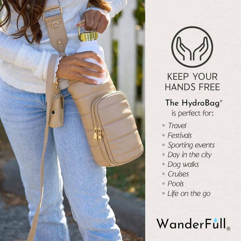 WanderFull® Original HydroBag® Vegan Leather, Fits Up to 32 oz Water Bottle Holder w/ 2 Straps, Hands-Free Crossbody Water Bottle Carrier Bag with Phone Pocket, Tumbler Accessories - Taupe