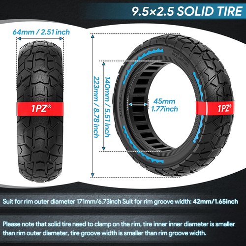 1PZ SPX-SC4 9.5x2.5-6.1 Solid Tire Off-Road 9.5 x 2.50 Replacement for NIU KQi3 Pro Max Sport Electric Scooter