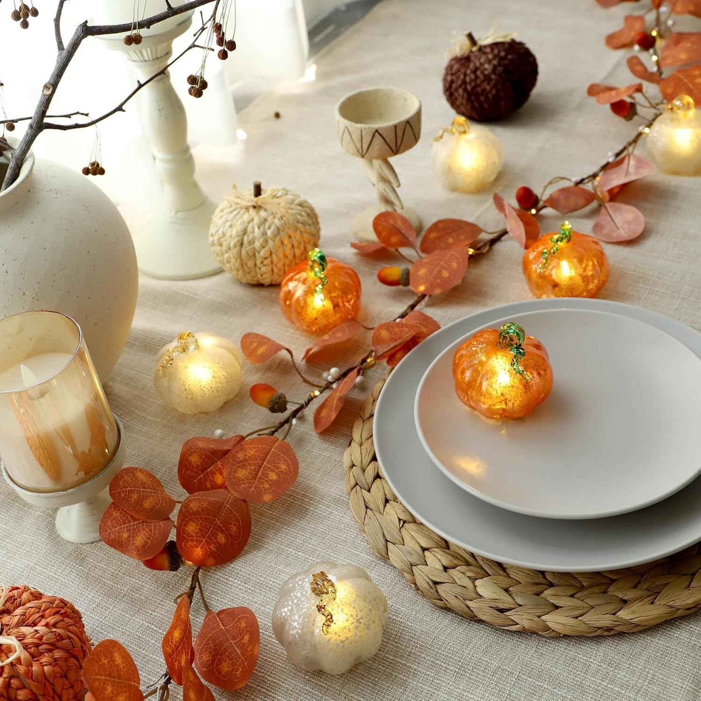 Set of 3 Golden Glass Pumpkin Lights - 2.5" Battery Operated LED Fall Decor for Halloween & Thanksgiving, Mercury Glass Table Centerpiece, Warm Amber Glow for Indoor Autumn Decorations