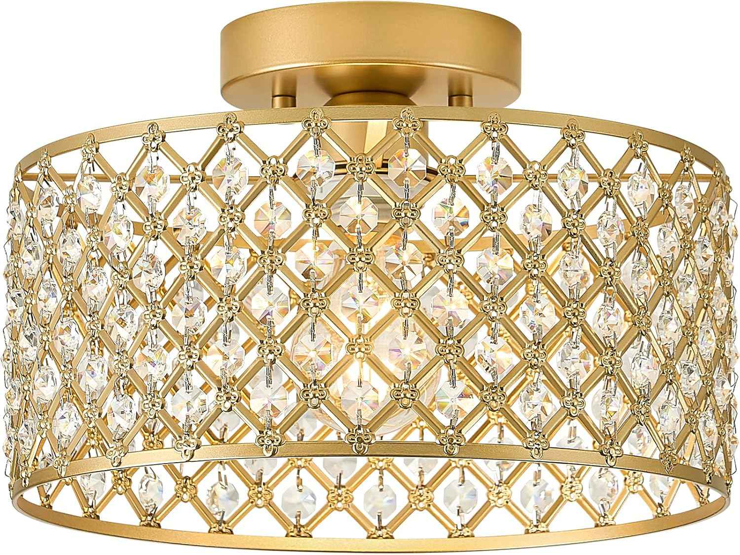 Modern Black Crystal Semi Flush Mount Ceiling Light Fixture - 11.2" Round Chandelier for Dining Room, Hallway, Kitchen & Bedroom