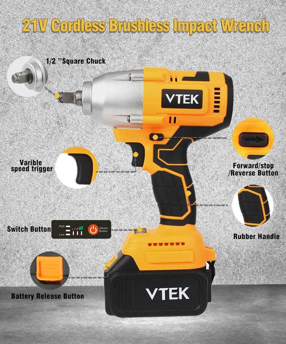 VTEK 1/2 Inch Brushless Cordless Impact Wrench - 700N.m Torque for Auto Tires