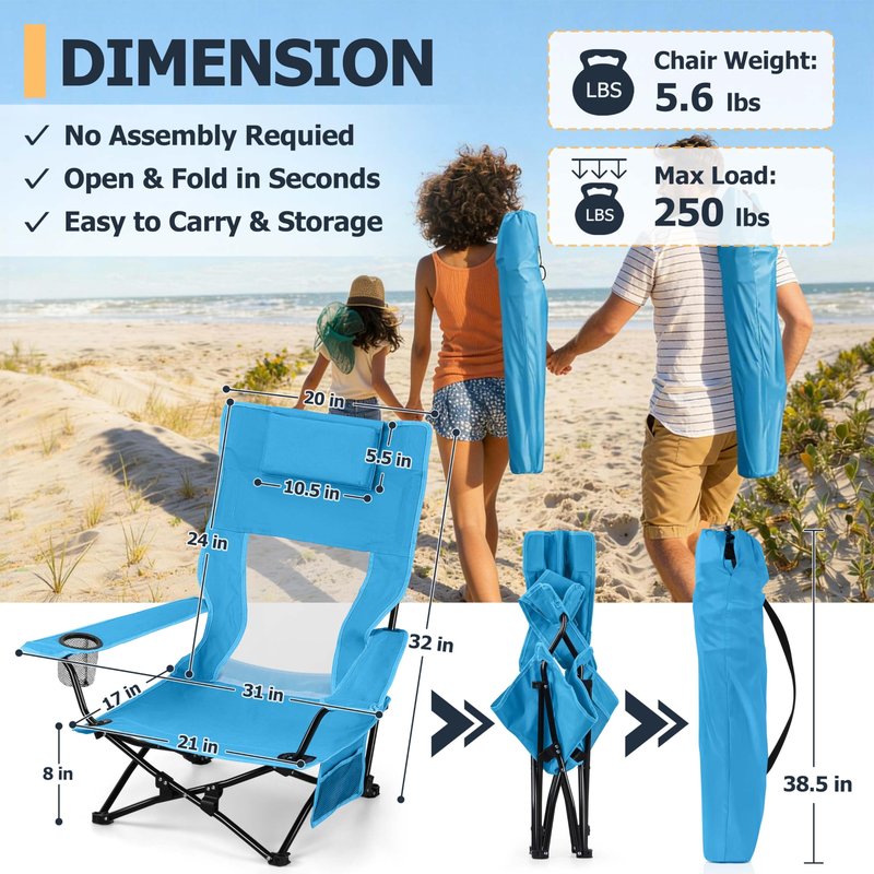 Joyfair 2 Pack Beach Chair Camping Chairs Set(High Back), Heavy Duty Folding Low Lawn Camp Chair for Adults for Outdoor Sport Fishing, Armrest Chair with Portable Bag, Pillow, Cup Holder (Blue)
