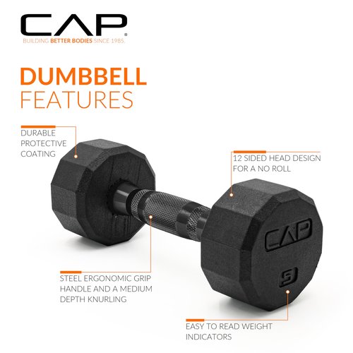 CAP 12-Sided Coated Dumbbell with Black Handle, Pair, 5 LB