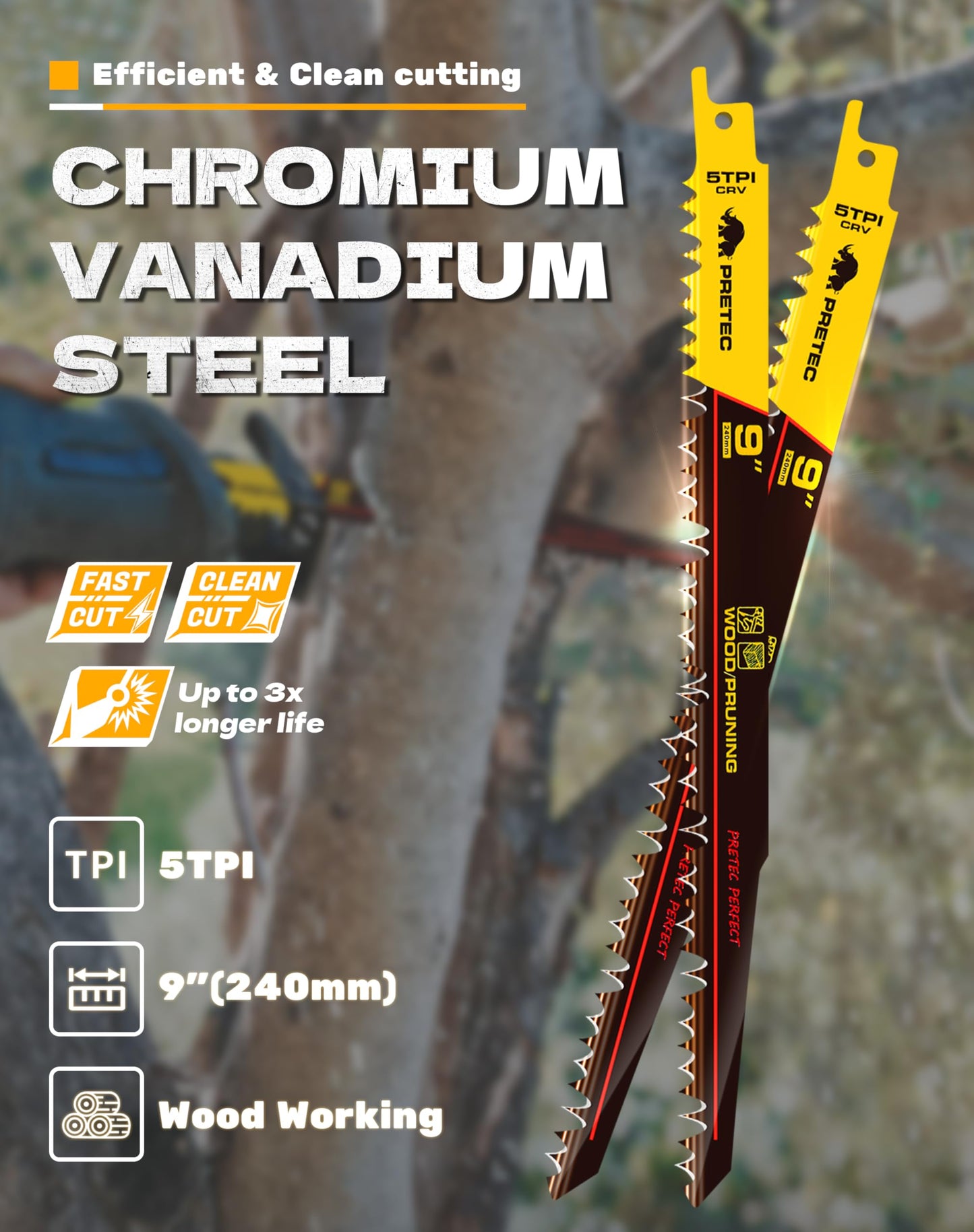 PRETEC Wood Pruning Reciprocating Saw Blades, 9 Inch Pruning Blades for Reciprocating Saw, High Carbon Steel Reciprocal Saw Blades for Tree Trimming, Wood Cutting with Organizer Case, (5 Pack/5TPI)