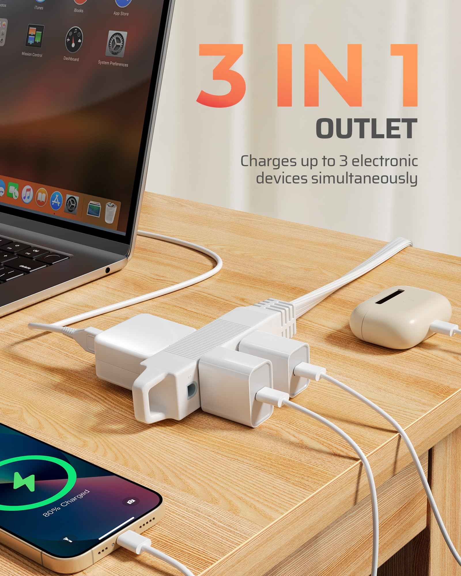 DEWENWILS 6FT 360° Rotating Flat Plug Extension Cord/Wire, 16AWG Multi 3 Outlet Extension Cord, 3 Prong Grounded Wire for Small Appliances, 2 Pack, White