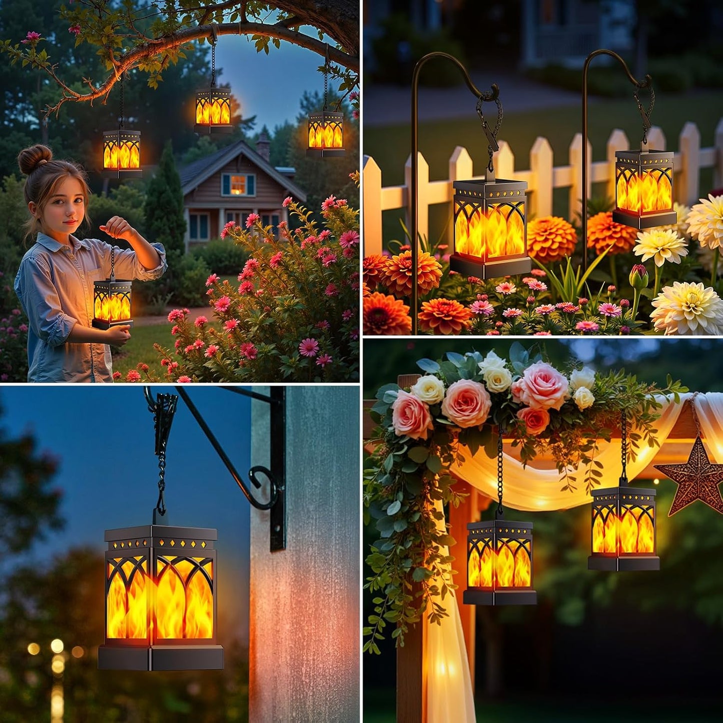 KOOPER Solar Lanterns 4 Pack - Waterproof Hanging Lights with Flickering Flame & Constant Modes for Garden, Patio, and Yard Decor