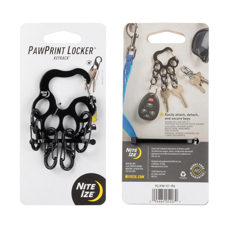 Nite IZE Pawprint Locker KeyRack - Stainless Steel Keychain Organizer with Locking Carabiner - Features 4 S-Biner MicroLocks to Securely Hold Keys