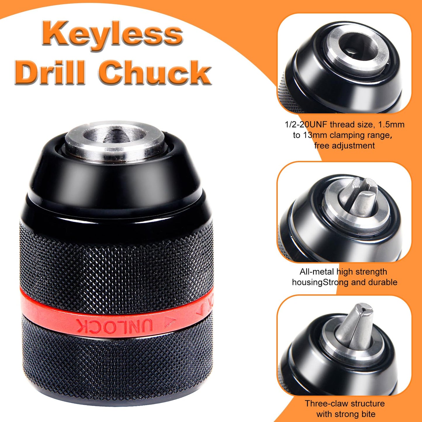 YUEARN Keyless Drill Chuck for Milwaukee M18, 1/2"-20UNF Mount, 1.5 to 13 mm Clamping Capacity, All-Metal Self-Tightening Chucks, Replacement Power Drill Chucks for Various Purposes