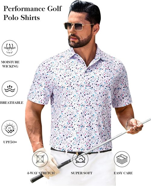 DEMEANOR Men's Golf Polo Shirt - Short Sleeve Moisture-Wicking Performance | Casual Tennis Print