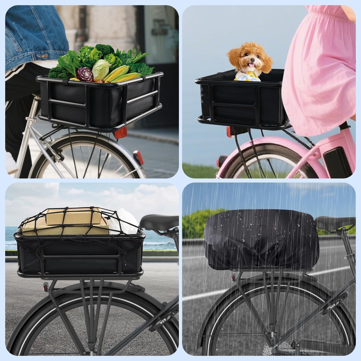 Rear Bike Basket, Large Bicycle Rear Basket with Liner, Cargo Net and Waterproof Cover, Bike Baskets Rear Bike Back Baskets Bicycle Baskets (18 * 13 * 5.9)