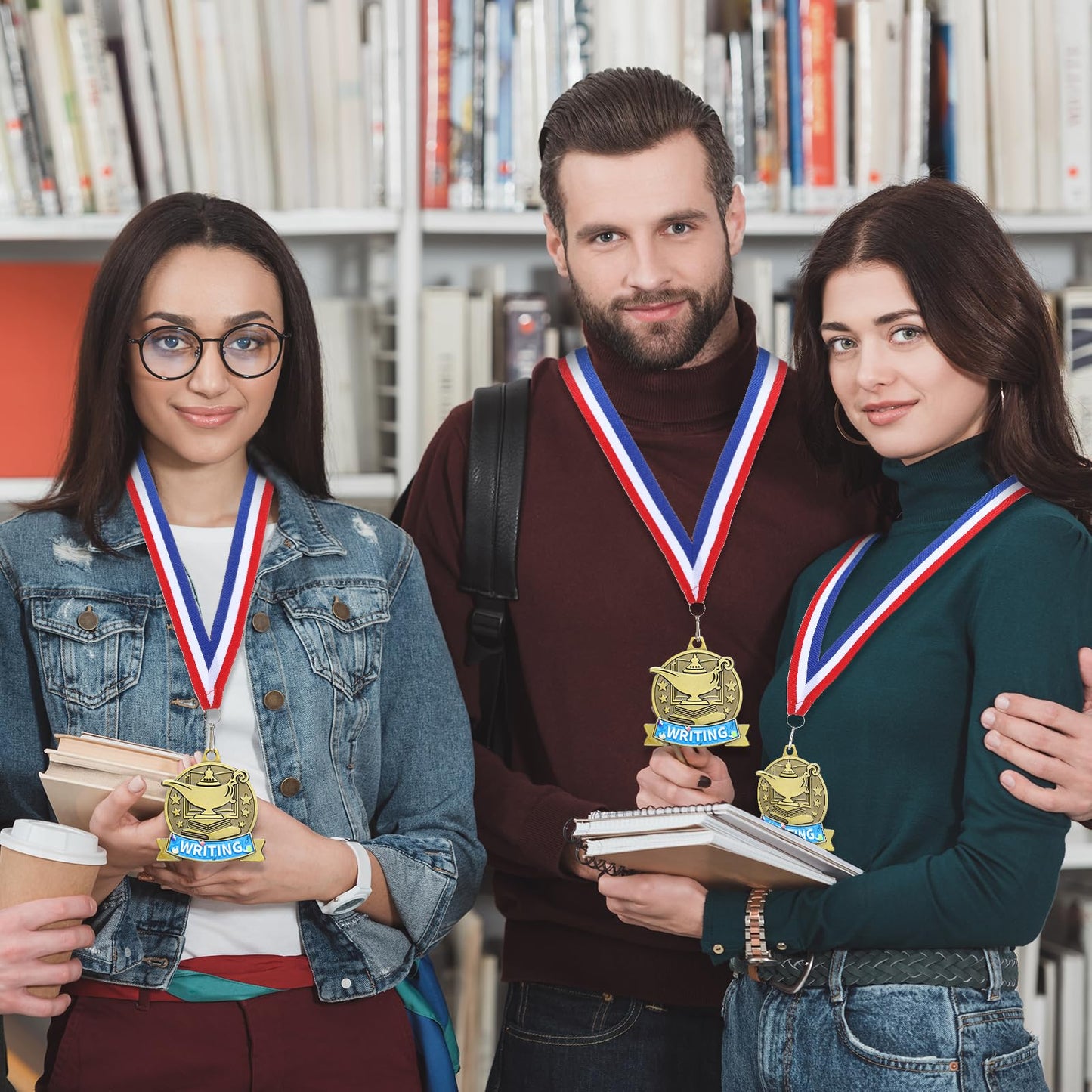 Loetere 20 Pcs Academic Excellence Medals Bulk 2.4 inch Reading Gold Medals with Neck Ribbons Metal Trophy Award Prize Gifts for Adult Book Lover Competitions Party (Writing)