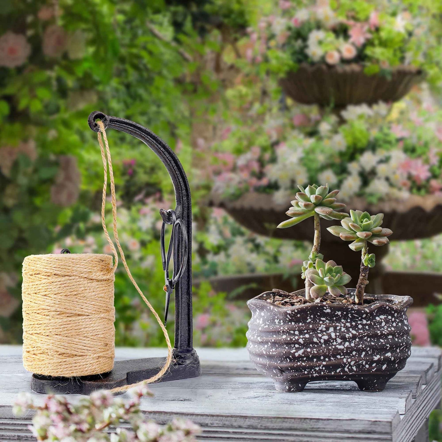 Vintage Style Cast Iron Twine and Shears Set Twine Holder with Scissors and Jute Twine Roll for Crafting, Gardening, Kitchen, Gift Wrapping, Black