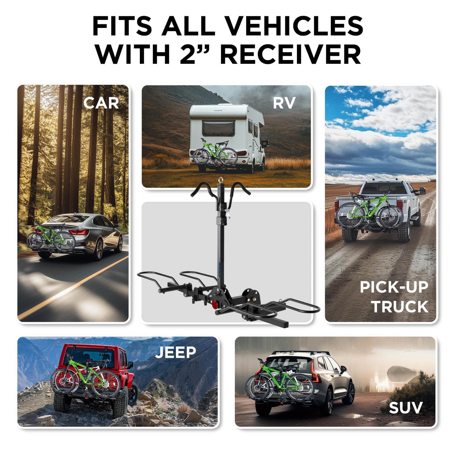 POLESTAR Hitch Mounted 2-Bike Rack, 200lbs Capacity Bike Rack Hitch with Lock, 2" Receiver Foldable Platform Mount for E-Bike, Up to 5" Fat Tire Bicycle and Standard, fit Car Trucks SUVs RVs Trailer