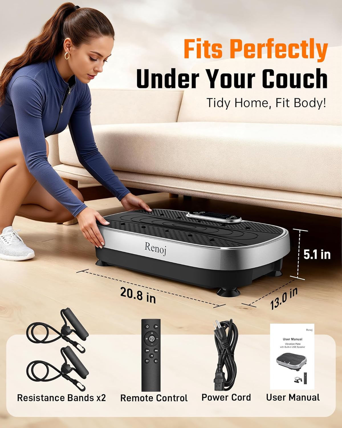 Renoj Vibration Plate Exercise Machine - Smart Vibrating Platform for Weight Loss & Lymphatic Drainage | 455 Lbs Capacity with LED Touch Screen & Bluetooth Speaker