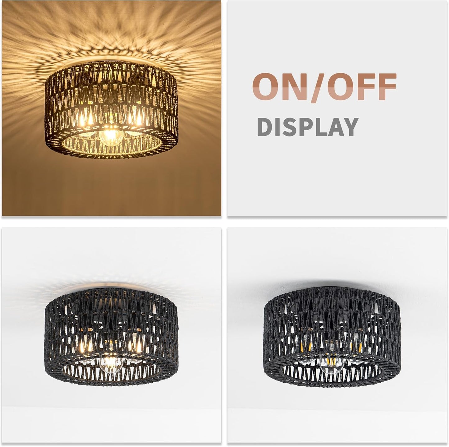 Bohemian Rattan Ceiling Light Fixture - 3-Light Woven Flush Mount for Bedroom & Living Room