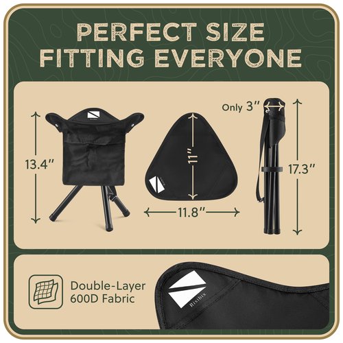 RISIBIX Foldable Tripod 13.4'' Stool - for Kids and Youth - Ultra Portable Seat, Best for Youth+Pocket - 1 lb Camping Stool, 3 Legged Strong Steel Stool, Height: 13.4 inches (Black)