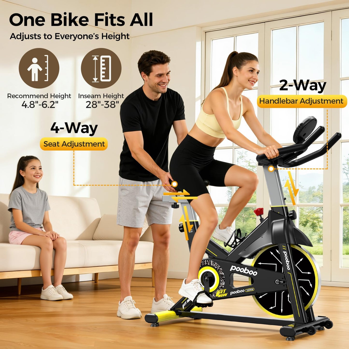 POOBOO Magnetic Exercise Bike, Quiet Stationary Bike with APP and 350lbs Weight Capacity, Indoor Cycling Bike with LCD Monitor and Tablet Holder, Heavy Duty Workout Bike for Home Gym Weight Loss