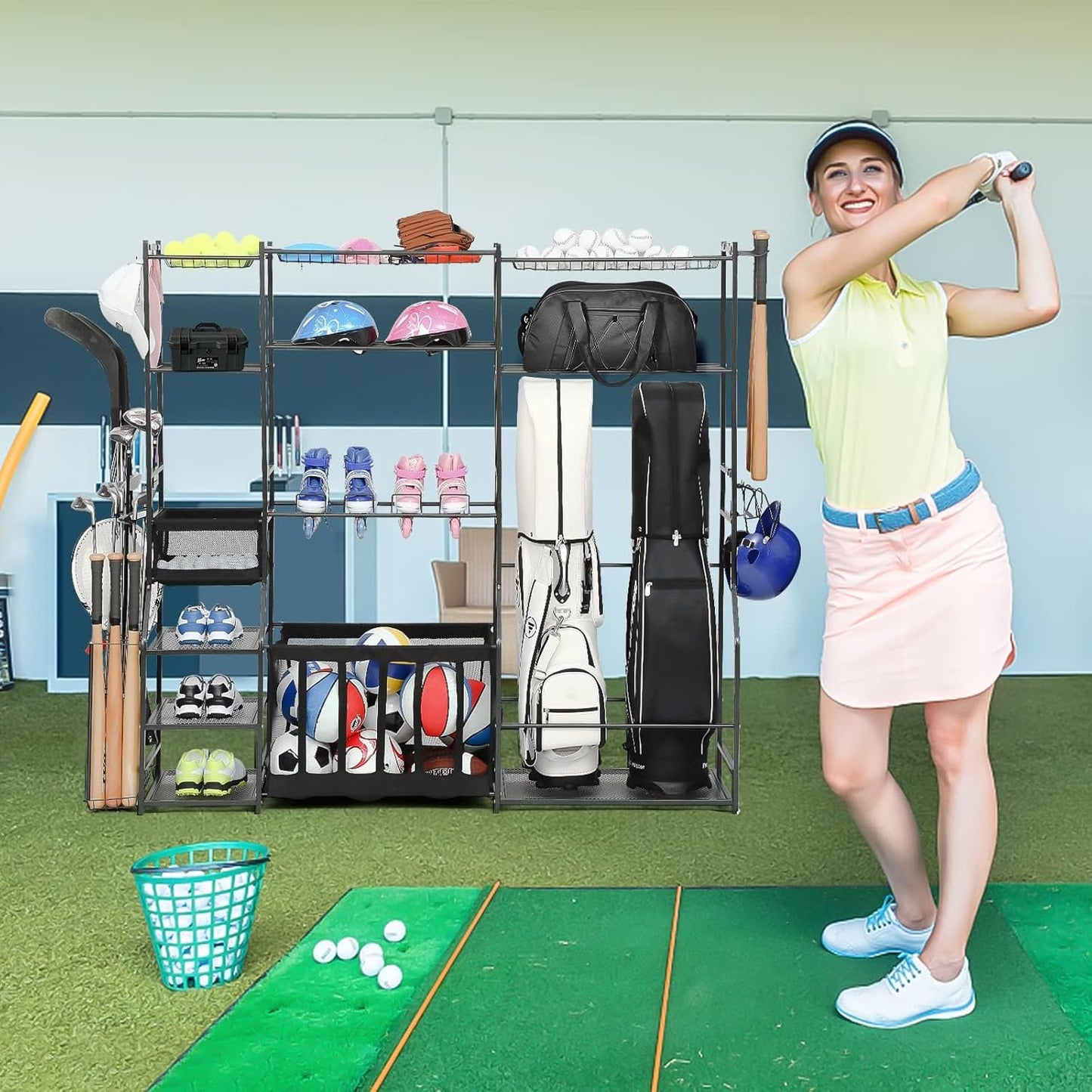 Skiennix Large Garage Sports Equipment Organizer - Upgraded Rack for Golf Bags & Balls | Indoor/Outdoor Storage Solution