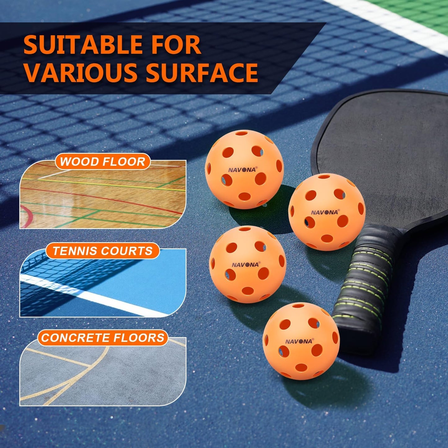 Navona 40 Pack Premium 26-Holes Orange Indoor Pickleball Balls, Meet USAPA Official Requirement, Perfectly Balanced, High Bounce True Flight, Durable Indoor Pickleball Set