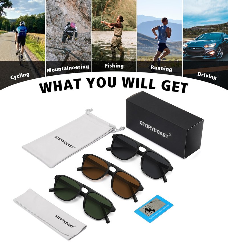 STORYCOAST Polarized Retro Aviator Sunglasses for Men Women Classic Driving Running Sports Square Aviators Sun Glasses 3Pack-Black+Green+Brown
