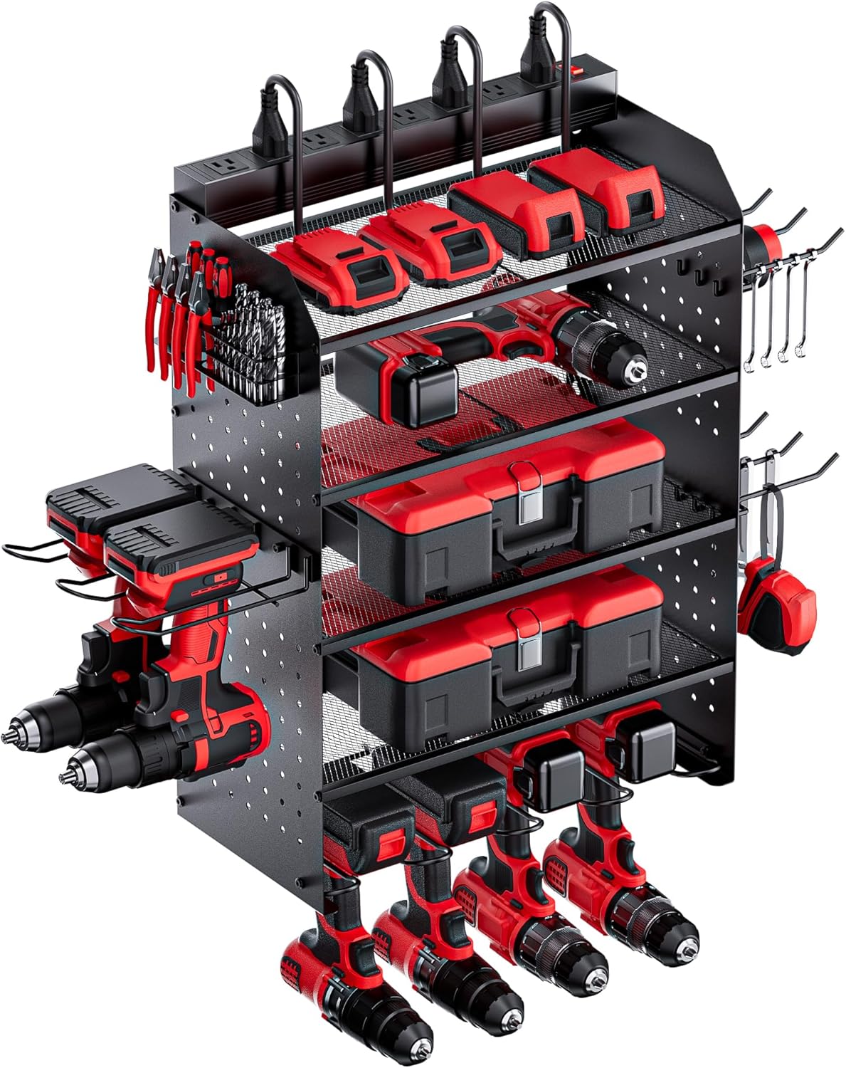 Power Tool Organizer Wall Mount - 3-Layer Charging Station with 8 Outlets & 6 Drill Holders - Efficient Garage Storage Solution (Black)