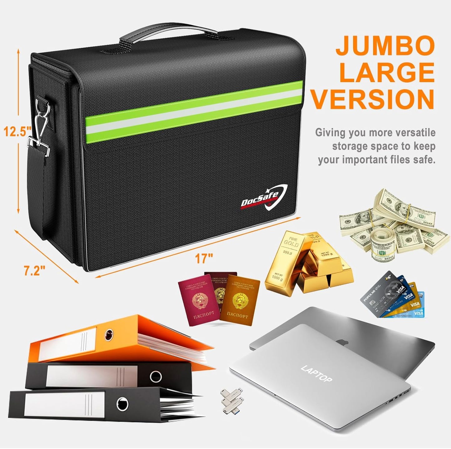 Fireproof Document Bag - Large 17”x12.5”x7.2” Waterproof Organizer with Multiple Pockets for Home & Office