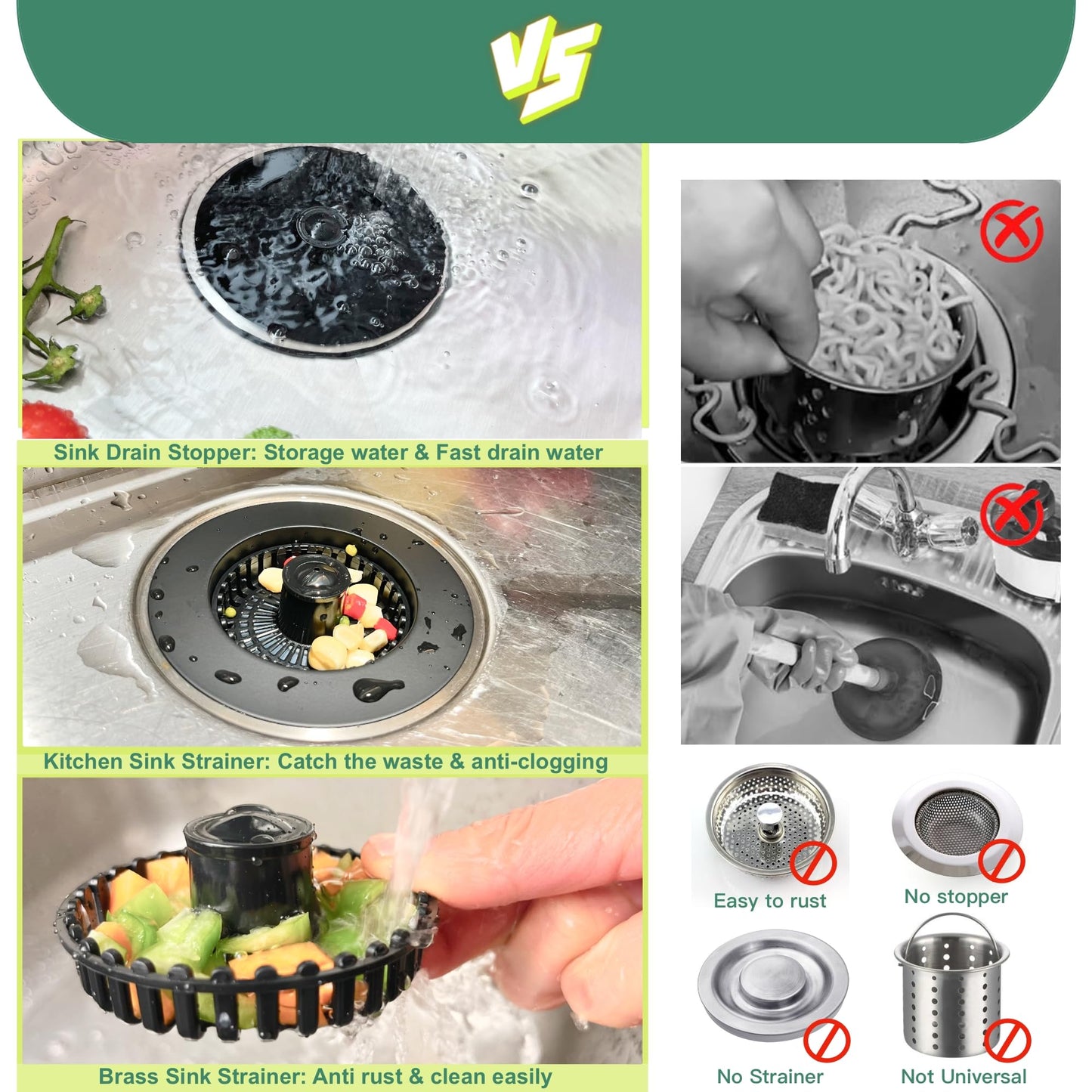 Sink Drain Strainer, 3 in 1 Kitchen Sink Drain Strainer, Kitchen Sink Stopper, Sink Drain Stopper, Sink Strainer with an Extra Anti-Clog Basket for US Standard 3-1/2'' Sink Hole, Brass Material Black