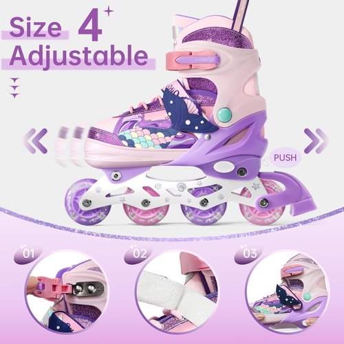 Children's Adjustable Inline Skates with 4-Size Adjustable Fit, Inline Skates with Triple Safety Straps & LED Light Wheels Perfect for Beginners,Ideal Gift for Boys & Girls (Pink, Medium(13C-3Y))
