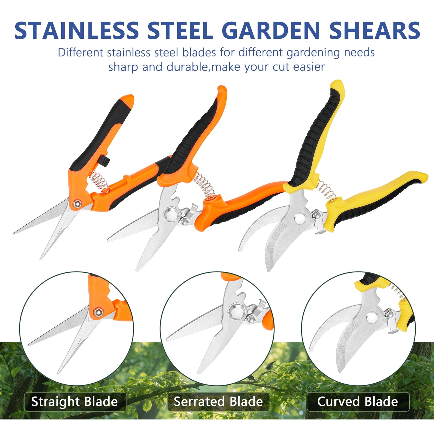 3-pack Garden Pruning Shears Set with Stainless Steel Blades, Bypass Pruners, Handheld Secateurs, Tree Trimmers, & Scissors Whetstone,a Clean Brush and a Hard Case, Ideal for trimming, pruning