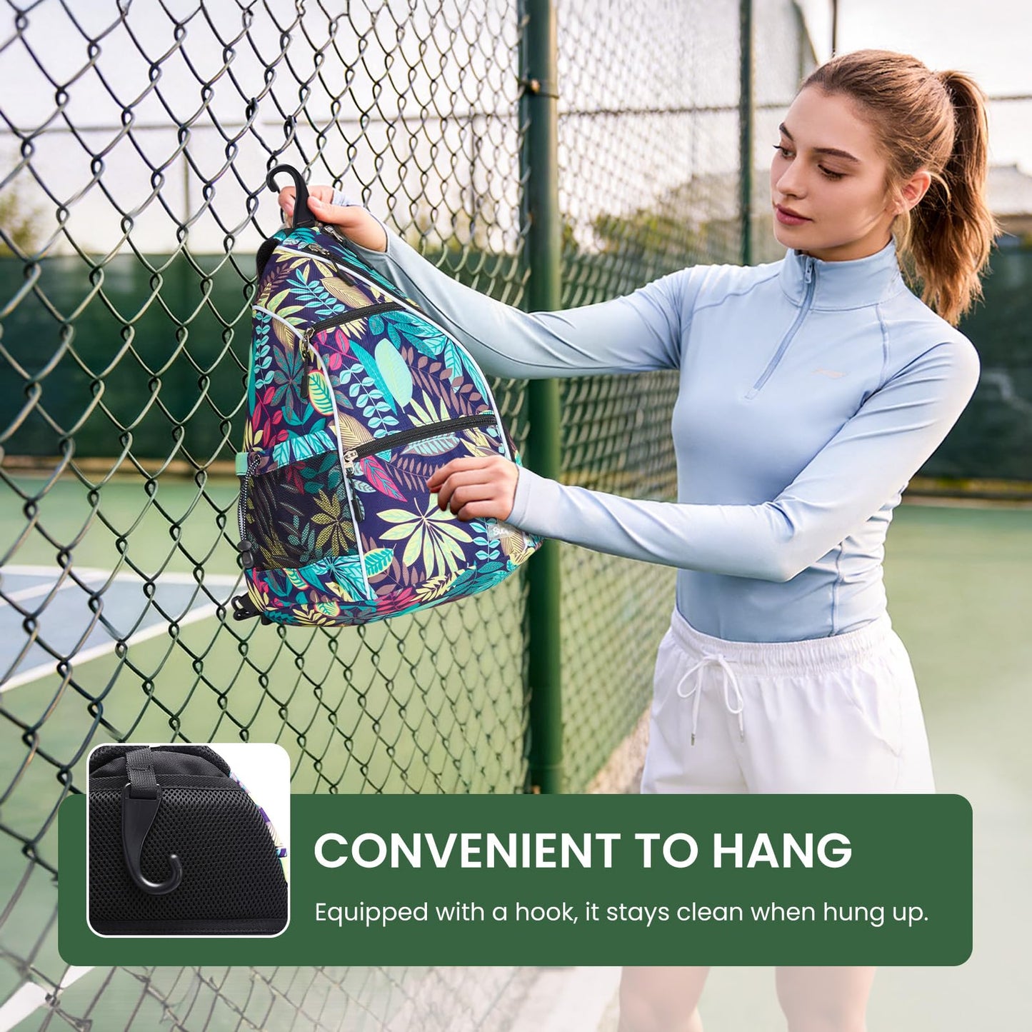 Sucipi Pickleball Bag - Men's -Women's Pickleball Backpack, Adjustable Sling Bag w/Fence Hook/Large Capacity/Safety Pocket-Purple Leaf