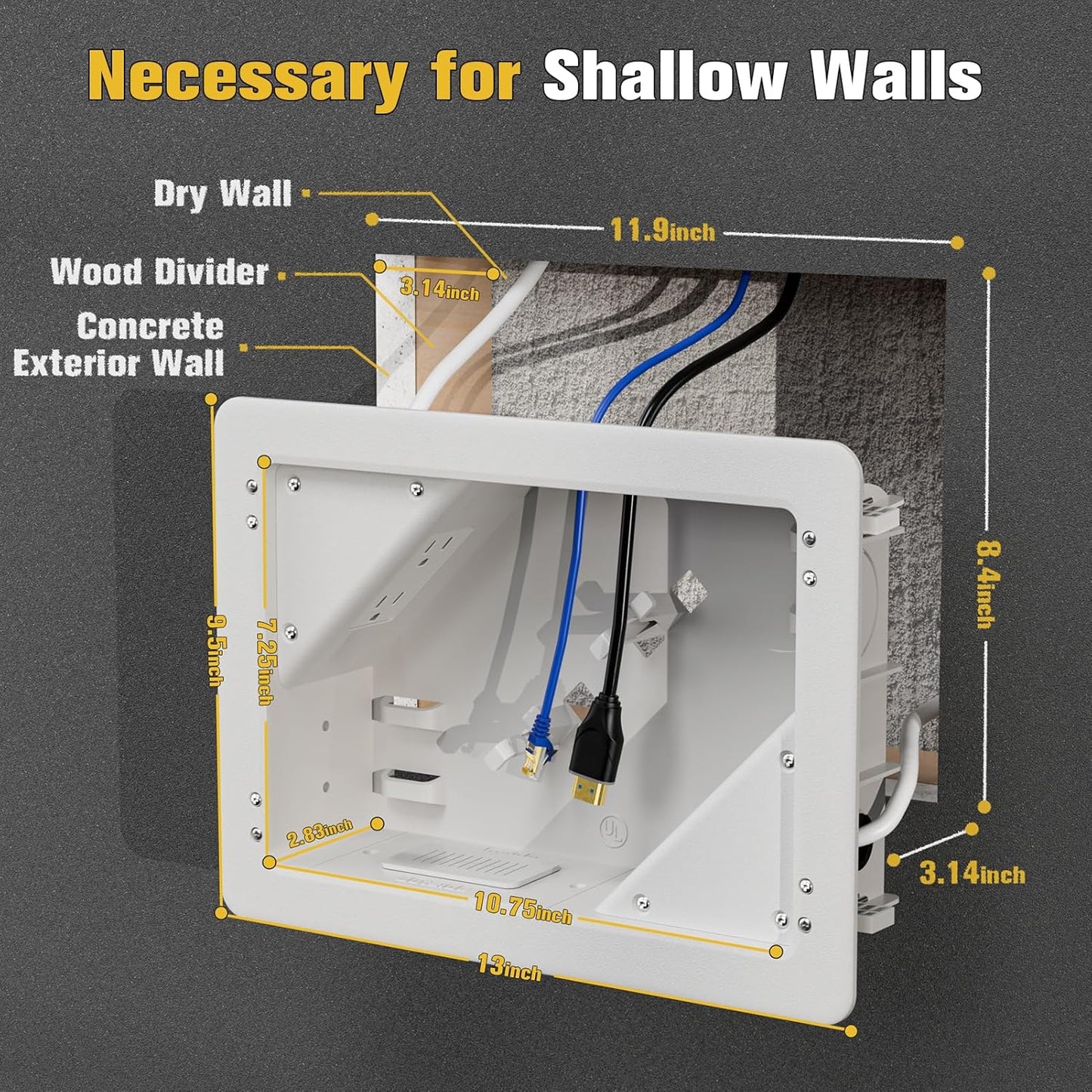 In-Wall TV Box with Flange & 2 Duplex Outlets - Cord Hider for Home Theater Installation