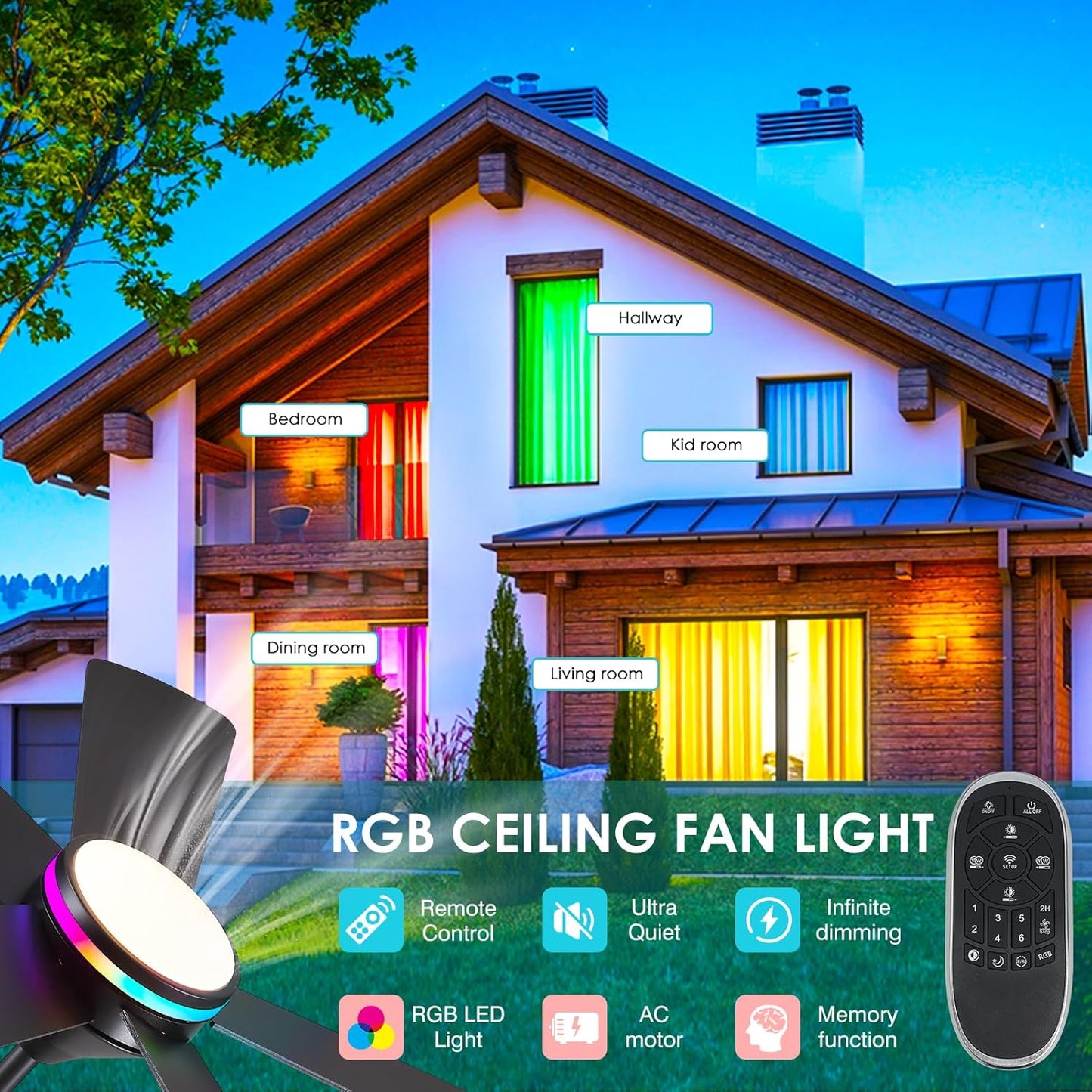 46” Black Low Profile Ceiling Fan with Lights & Remote Control - Dimmable, Noiseless, Reversible for Bedroom