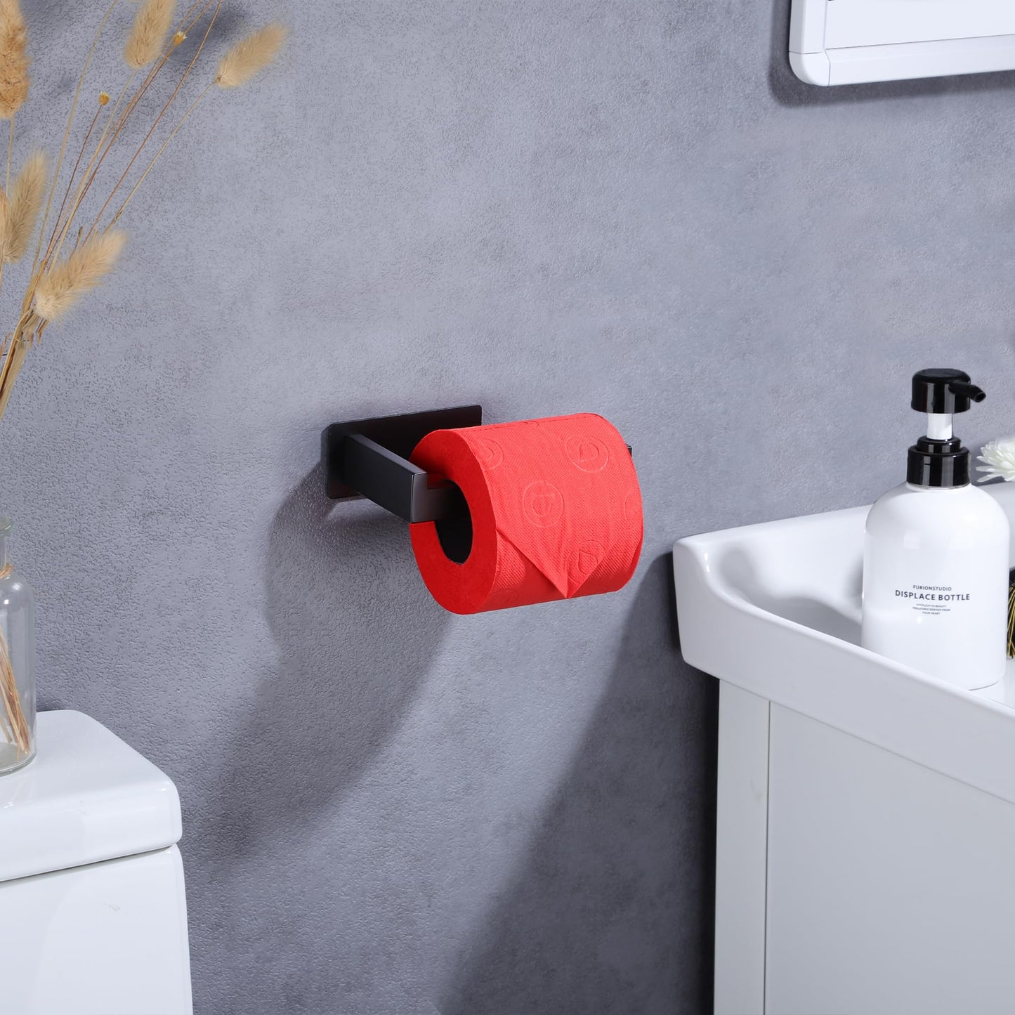 LANC Self-Adhesive Toilet Paper Holder, Matte Black Toilet Tissue Holder Wall Mounted for Bathroom Kitchen Stick On Paper Roll Holder with No Drilling Rustproof Stainless Steel, A8307MB