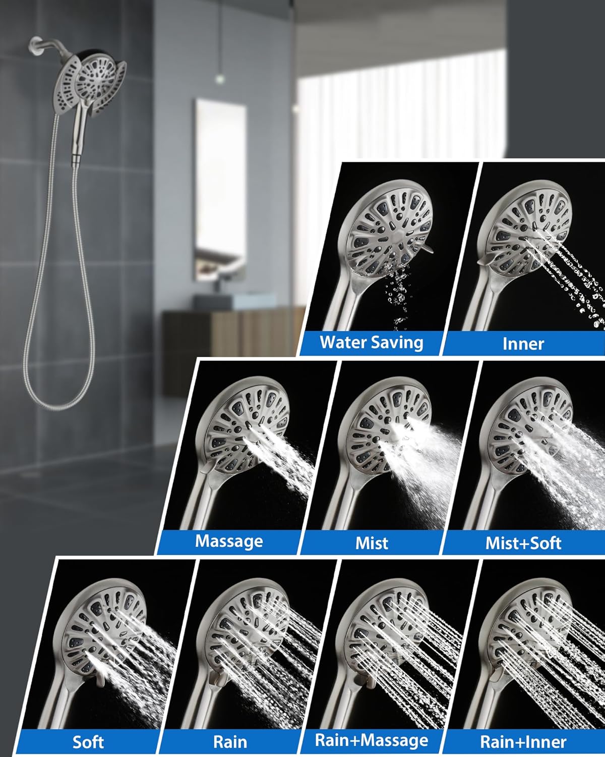2.5GPM 7.2" Rainfall & Handheld Shower Head Combo with 60" Stainless Steel Hose