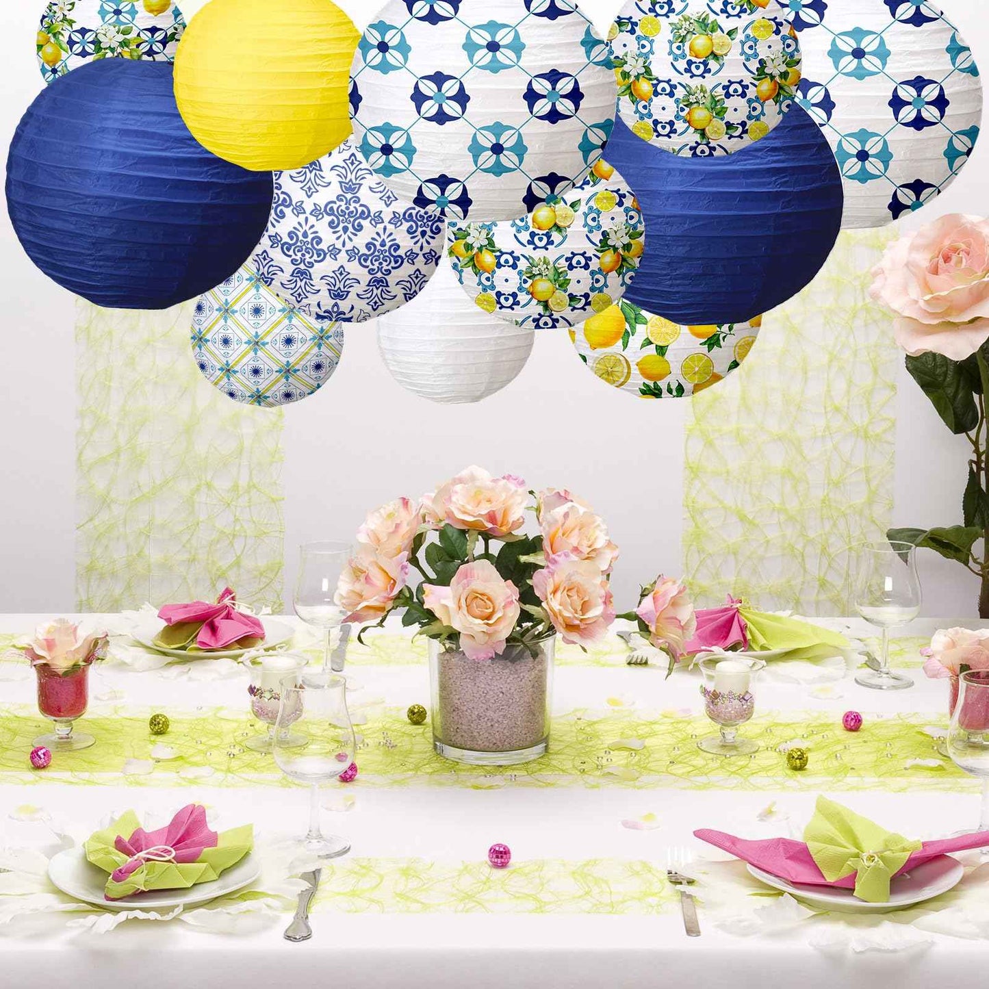 Rossesay 12 Pcs Paper Lantern Kit Amalfi Coast Capri Positano Lemon Party Supplies Summer Mediterranean Decorations Yellow Green White Lemon Pattern for Baby Shower Wedding Birthday Decorations