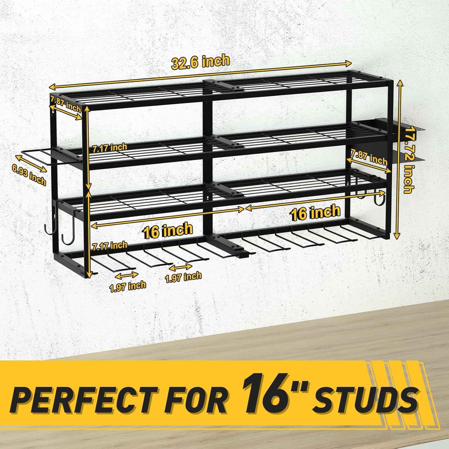 Heavy-Duty Wall-Mount Power Tool Organizer - 3 Extra Large Layers, 300lbs Capacity, 8 Cordless Drill Holders for Garage & Workshop