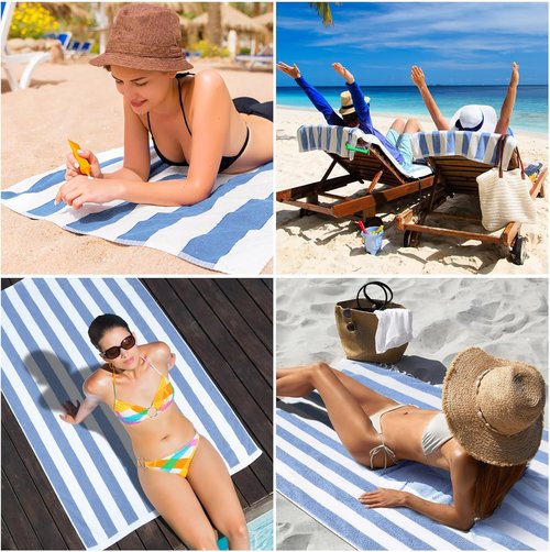 EBOOT 100% Cotton Oversized Pool Beach Towels - 30 x 70 Inch Cabana Style in Blue