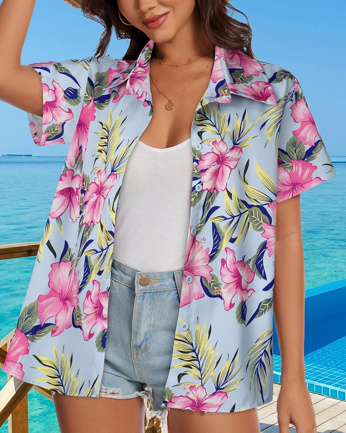 Skiennix Women's Hawaiian Shirt - Cool Summer Button Down V-Neck Blouse | Short Sleeve Beach Top