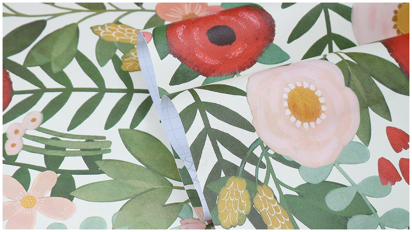 HAOKHOME Floral Peel and Stick Wallpaper Boho Wall Paper Removable for Bedroom Beige/Pink/Red Contact Paper 17.3in x 9.8ft