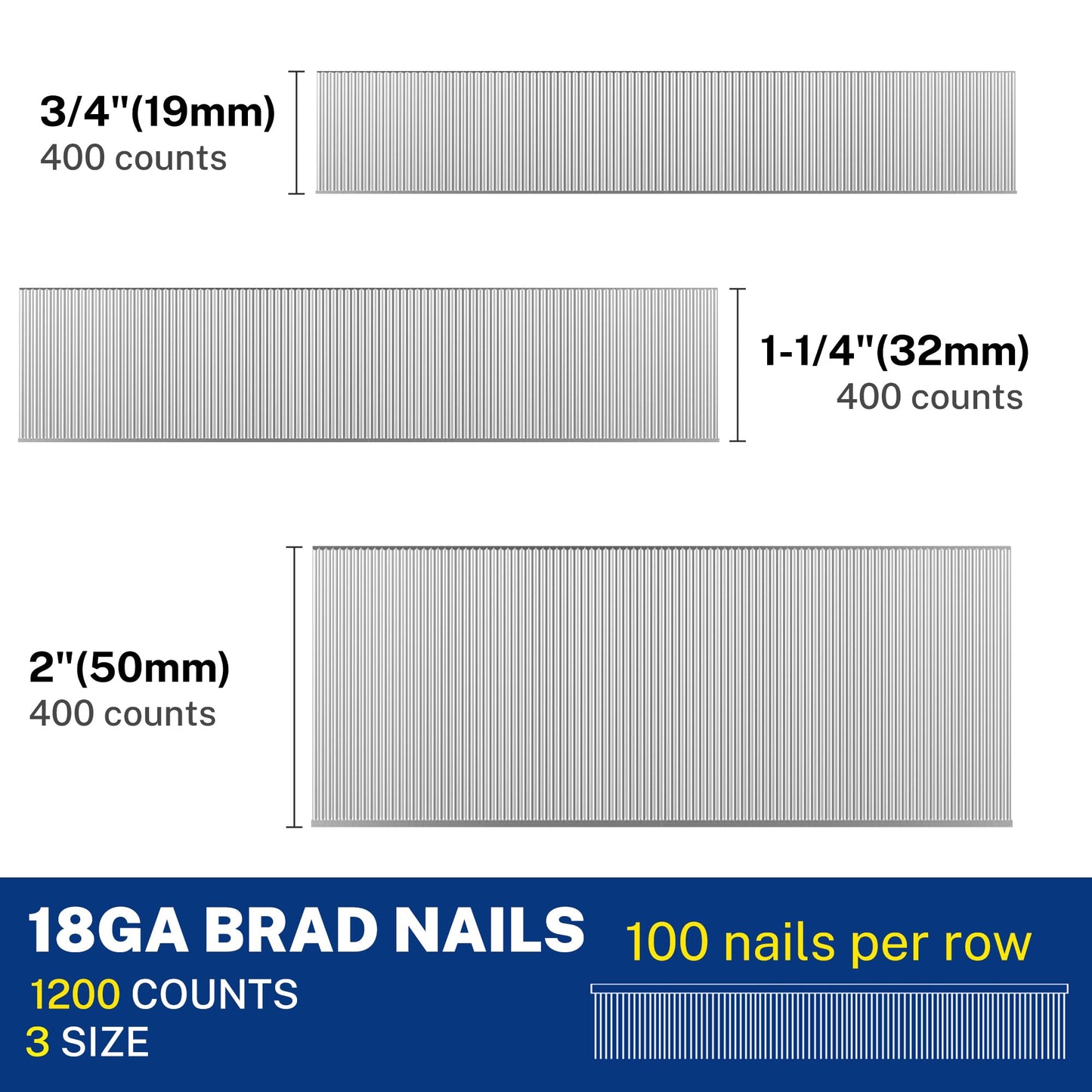WORKPRO 1200 Count 18 Gauge Brad Nails, (3/4,1-1/4",2"), Universal Brad Nail Gun Nails for Pneumatic & Electric Brad Nailers