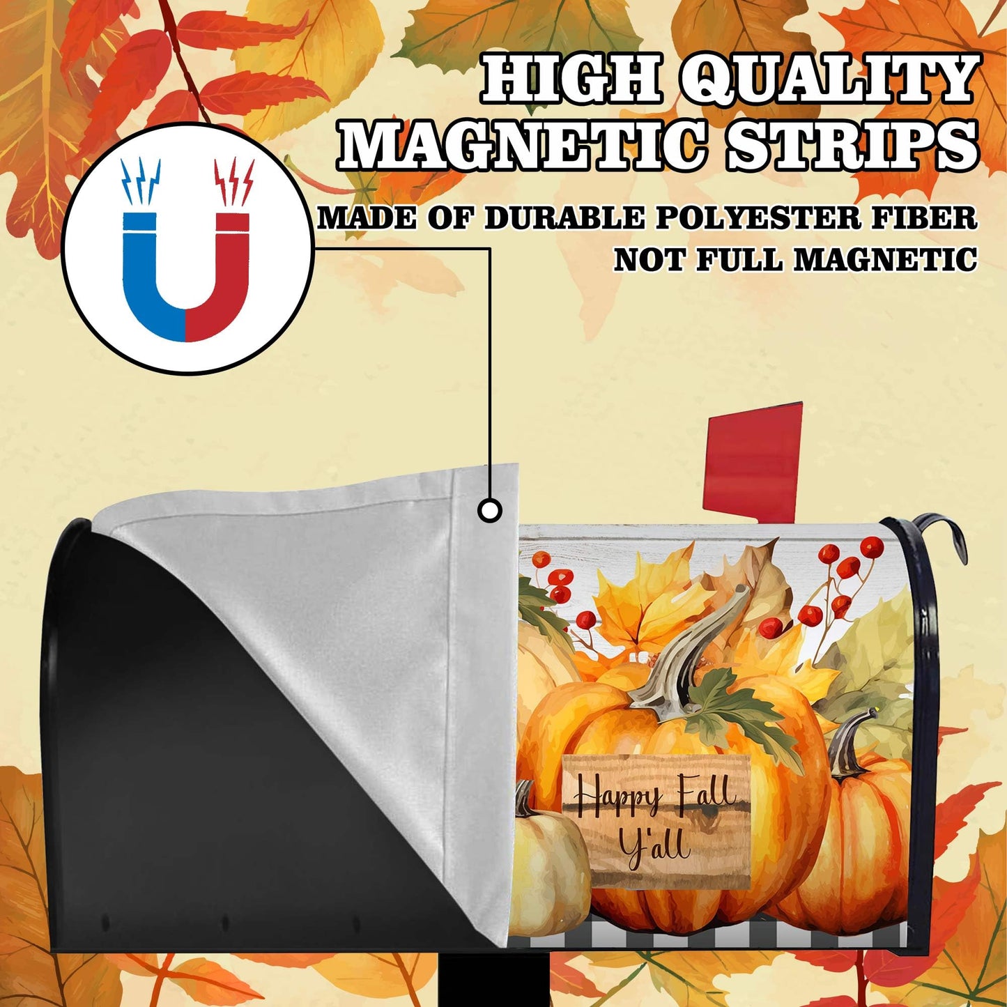 Happy Fall Y'all Pumpkin Maple Leaf Magnetic Mailbox Cover Standard Size 18" x 21" - Thanksgiving Harvest Autumn Letter Box Covers Decor for Outdoor Home Garden