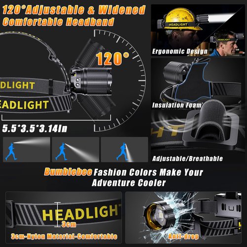 YNYS led headlamp Rechargeable Super Bright 90000 Lumen,60H Bright Headlights with Sensor&Digital Display, Zoomable,12 Modes,120°Adjustable,Waterproof Head lamp for Working Camping Fishing Hiking